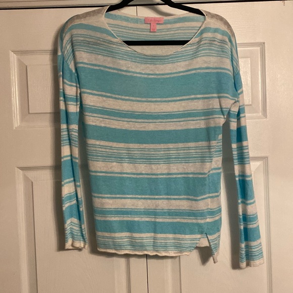 Lilly Pulitzer 100% Linen Alana Sweater in Coconut Row Stripes Aqua Blue Small - Picture 1 of 4